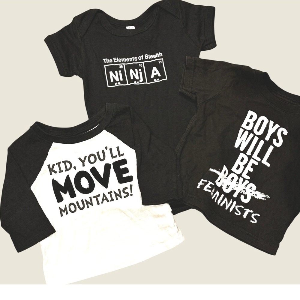 Graphic Tops Boys 12M Black/White Cotton Empowerment Shirt Bundle Feminist Ninja